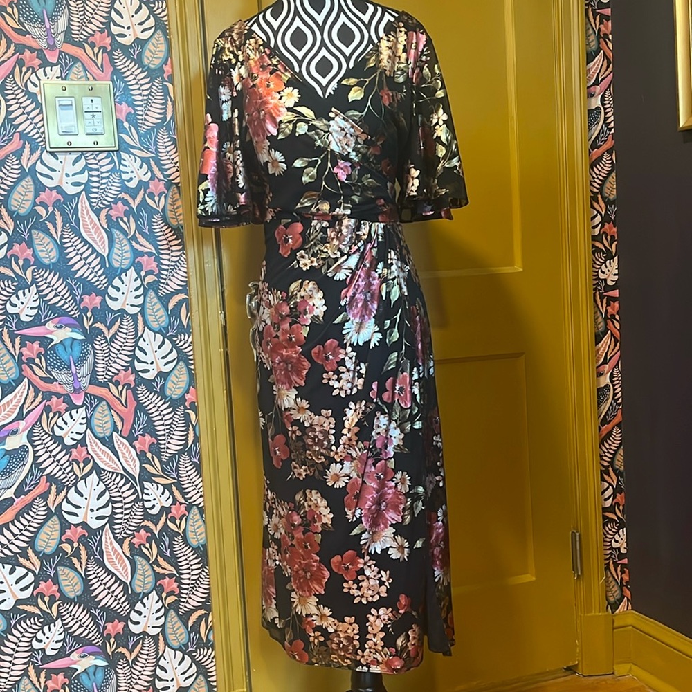 Metallic Floral Flutter Sleeve Dress